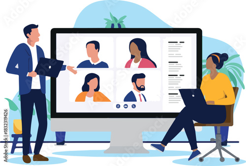A diverse business team having an online video conference meeting at work, using a large monitor and laptops, representing remote collaboration and virtual communication in flat design vector.