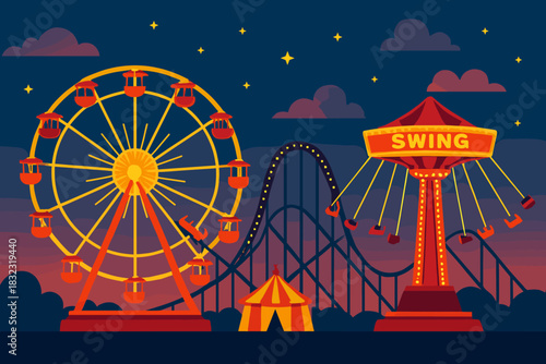 Colorful amusement park with ferris wheel and swing ride at night