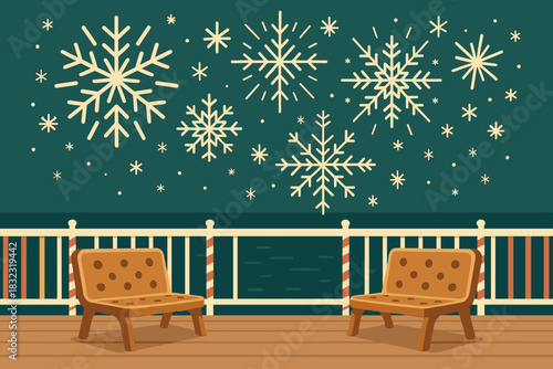 Winter deck scene with chairs and decorative snowflakes