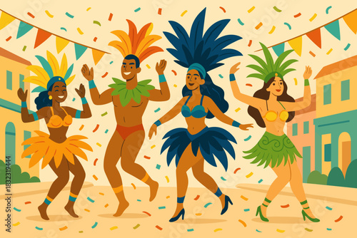 Dancers in colorful costumes celebrating carnival in street parade