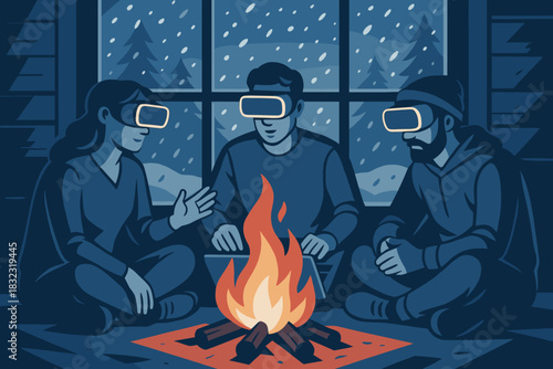 People wearing VR headsets around campfire in winter cabin