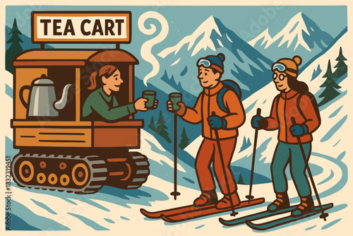 Skiers enjoying hot tea from snow cart in mountain scene