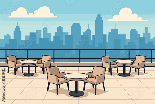 Rooftop terrace with tables and chairs overlooking city skyline