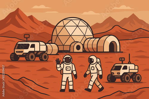 Astronauts at Mars base with habitat domes and rovers