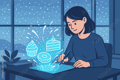 Woman drawing desserts on tablet in cozy winter setting