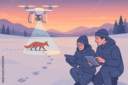 Researchers tracking fox with drone in snowy landscape