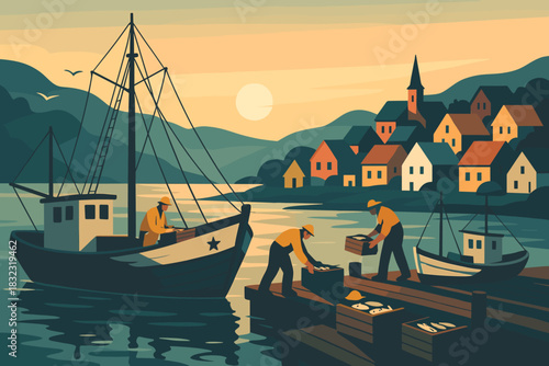 Fishermen unloading catch at coastal village during sunset