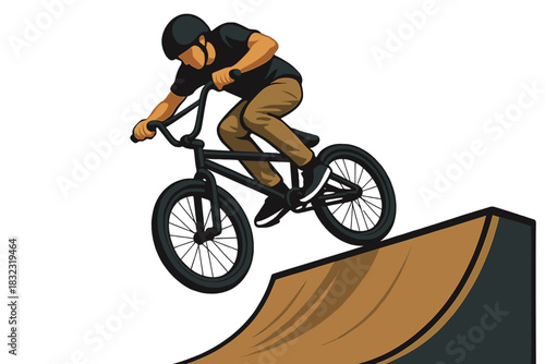 BMX rider performing stunt on ramp with yellow background