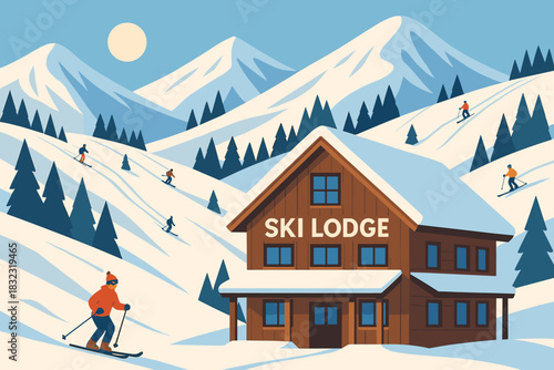 Skiers on snowy slopes near cozy mountain ski lodge