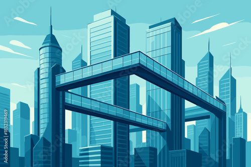 Futuristic cityscape with skybridges and modern skyscrapers