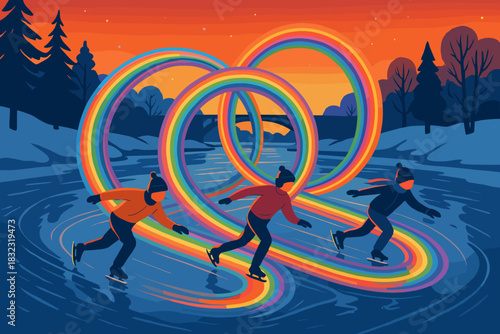 Colorful winter ice skating scene with rainbow trails
