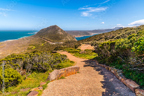 A view down the trail leading away from the lighthouse at Cape Point, South Africa in springtime