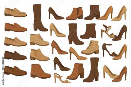 Set of stylish women’s shoes and boots in neutral tones