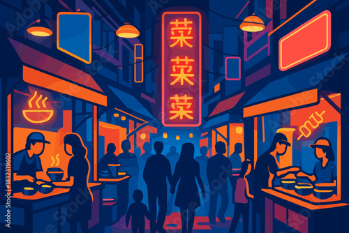 Vibrant night market scene with food stalls and neon lights