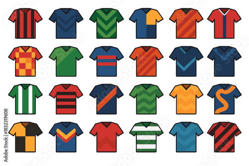 Set of colorful soccer jerseys with geometric patterns
