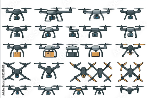 Collection of drone icons with cameras and delivery boxes