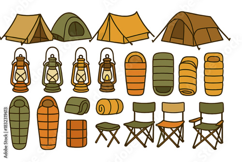 Camping gear icon set with tents, lanterns, and sleeping bags