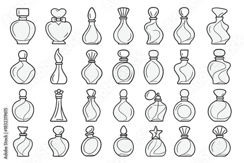 Set of hand-drawn perfume bottle icons on dark background