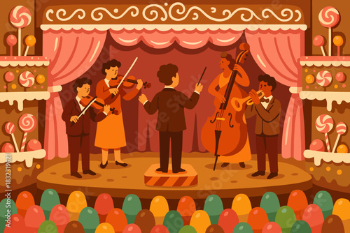 Candy-themed orchestra concert with musicians on stage