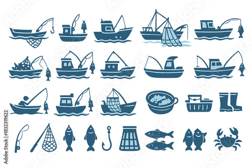 Set of fishing boat and gear icons in nautical blue style
