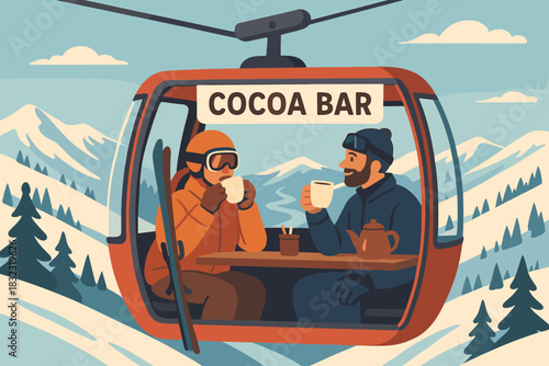 Skiers enjoying hot cocoa in cable car bar over snowy mountains