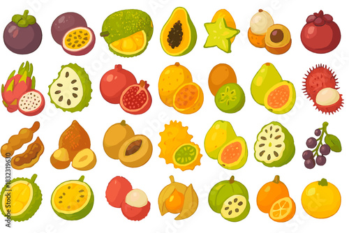 Set of tropical and exotic fruits on colorful gradient background