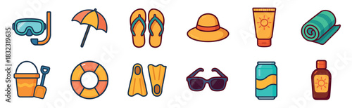 Vibrant set of summer vacation icons featuring beach essentials like a snorkel, sunglasses, sunscreen, and a lifebuoy, illustrated in a simple and colorful cartoon style