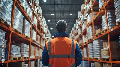 A worker in a safety vest stands in a warehouse, surveying the organized shelves filled with inventory. This image captures the essence of modern industry and logistics management.