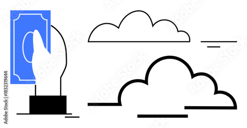Digital payment concept. Minimalistic design with a hand holding money and abstract clouds. Digital payment highlighting online transactions and secure cloud technology. For finance, e-commerce