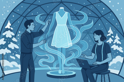 Fashion designers creating a virtual dress in winter studio