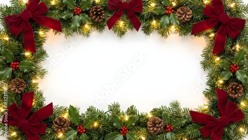 Wallpaper Mural Festive red ribbon and evergreen border frame, Christmas lights shining softly, white empty background for text, high-resolution stock image style Torontodigital.ca