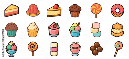Collection of colorful dessert and candy icons including cake, cupcake, donut, and ice cream, illustrated in a cute cartoon style with bold outlines for a fun, sweet theme
