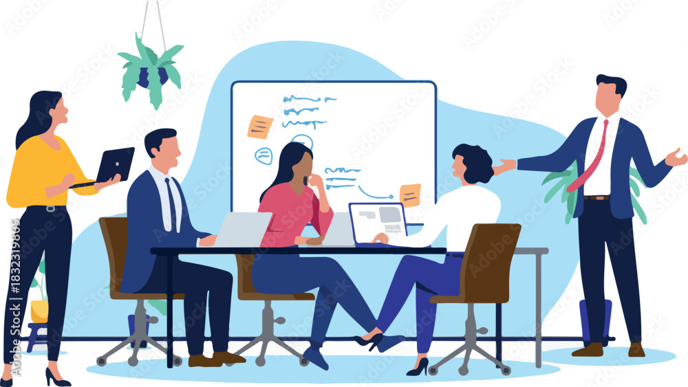 Fototapeta premium A diverse group of business people in an office meeting, with a presenter standing by a whiteboard and colleagues seated with laptops, flat design vector illustration.