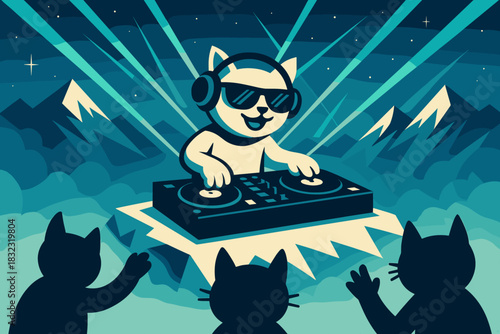 DJ cat performing on mountaintop with laser lights and dancing cats
