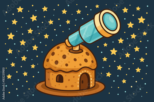 Whimsical gingerbread observatory under starry sky