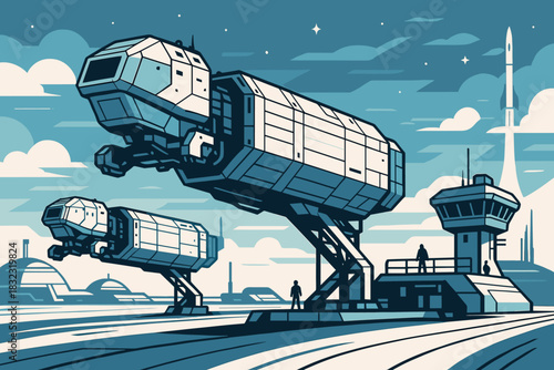 Futuristic spaceport with launch towers and spacecraft on platforms