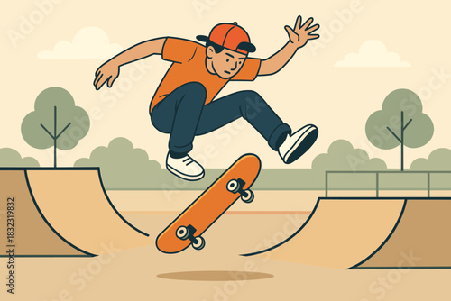 Skateboarder performing trick at skatepark