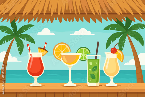 Tropical beach bar with colorful summer cocktails