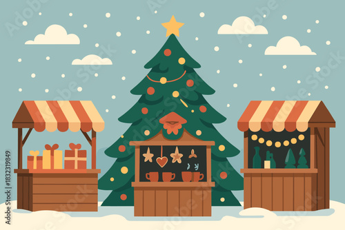 Festive Christmas market with decorated tree and snowy stalls