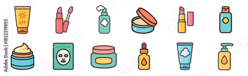 Set of colorful cosmetic and skincare icons including lipstick, cream, serum, and sunscreen, presented in a clean, flat, line art illustration style for beauty concepts