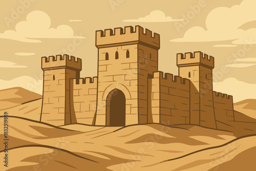 Ancient desert fortress with towers and sand dunes