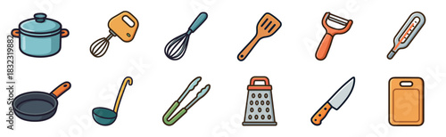 Collection of twelve kitchen and cooking tool icons including a saucepan, frying pan, mixer, whisk, grater, and knife, presented in a colorful cartoon illustration style