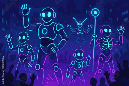 Futuristic robot parade with neon lights and cheering crowd