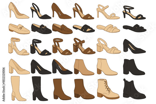Collection of women's shoes including heels, sandals, and boots