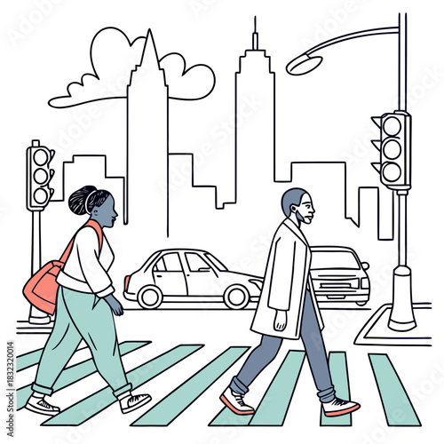“Outline-style pedestrians walking across a crosswalk in a modern urban environment.”