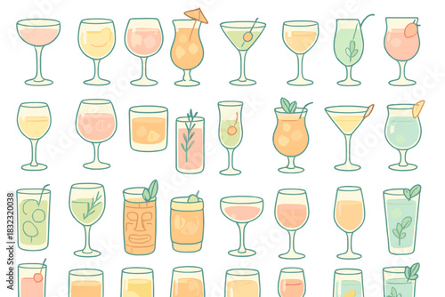 Seamless pattern of hand drawn colorful cocktail drinks