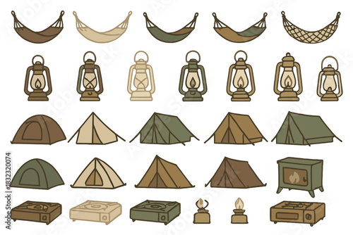 Camping gear pattern with tents, lanterns, stoves and hammocks