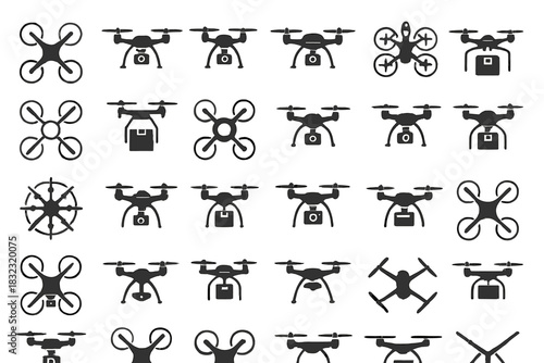 Set of drone and quadcopter icons in minimal black style