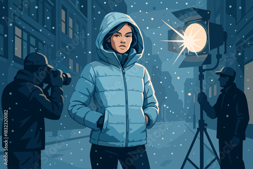 Winter photo shoot with model in puffer jacket on snowy street