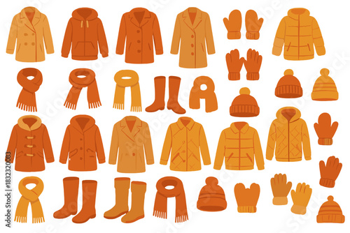 Seamless pattern of winter clothing and accessories in warm tones